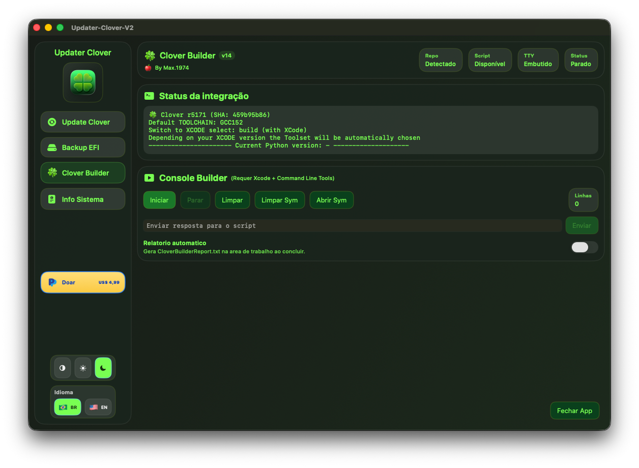 Clover Builder screen — Dark