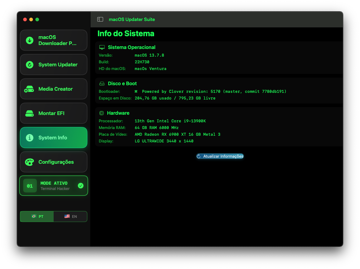 macOS Updater Suite - System Info com Tema Matrix