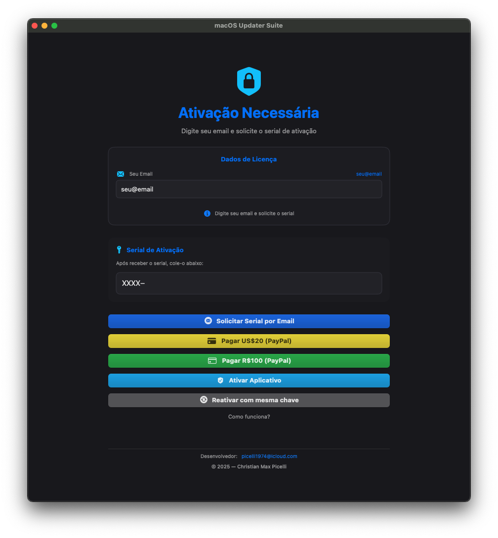 Tela de Ativação do macOS Updater Suite